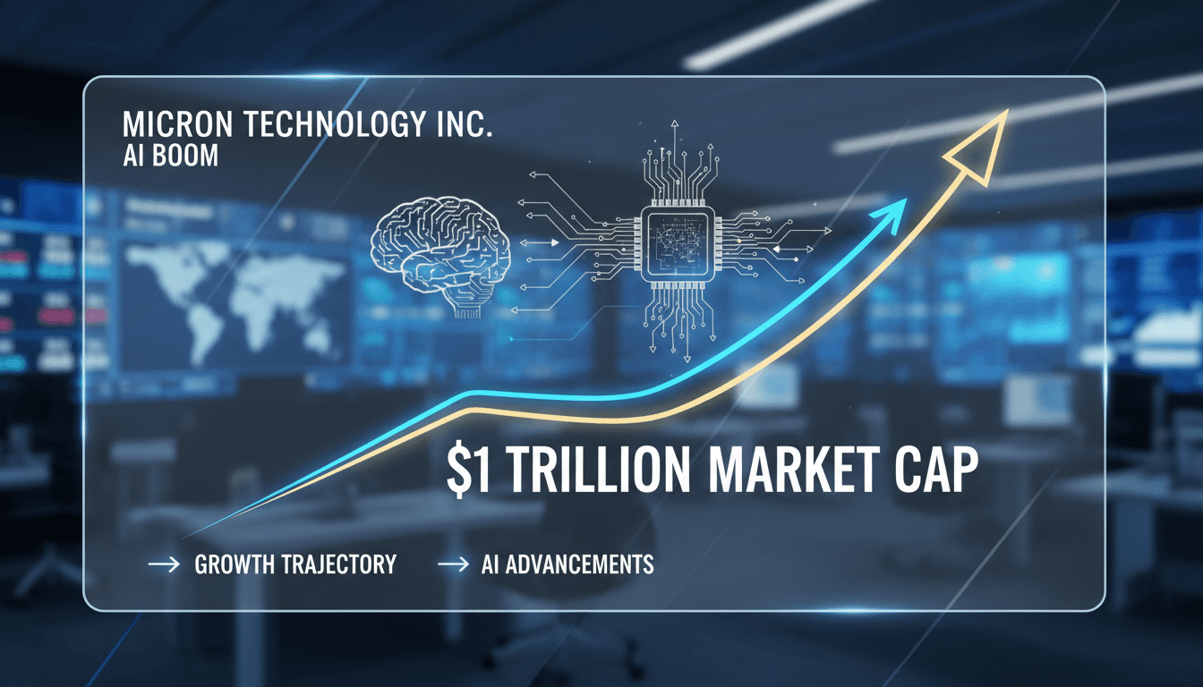 Micron Technology logo with a backdrop of semiconductor technology and AI graphics.