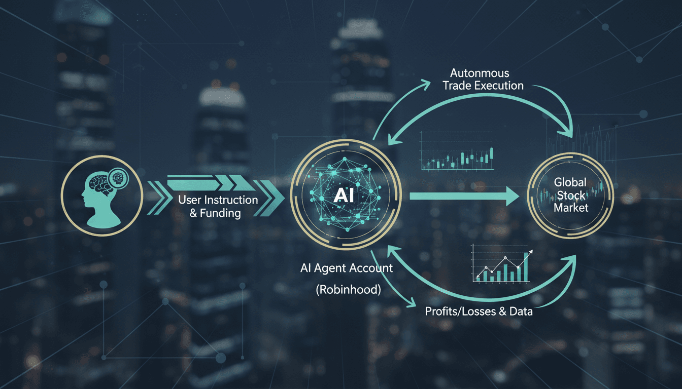 Infographic showing how Robinhood's agentic trading connects users and AI agents in the stock market.