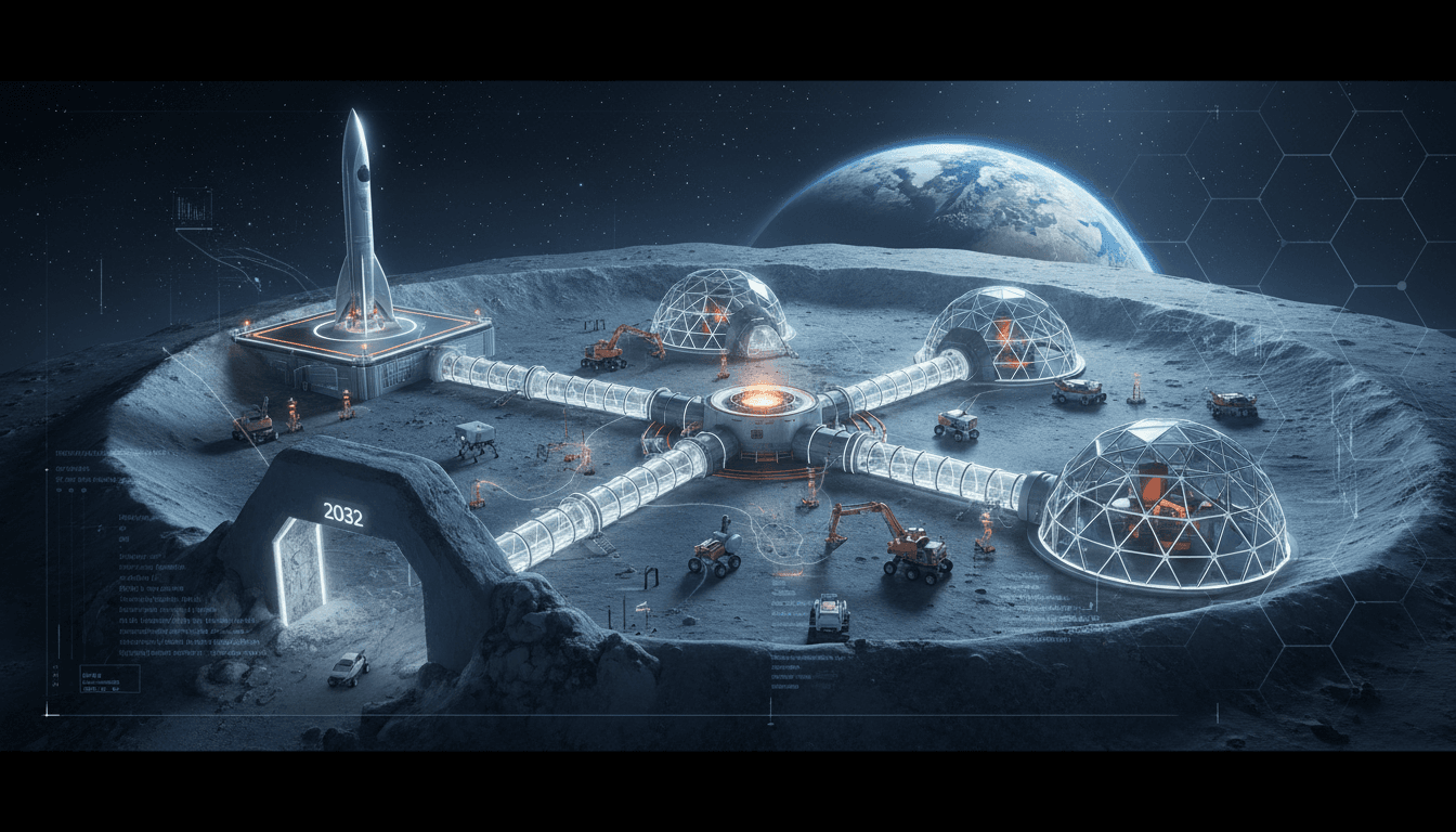 Conceptual image of NASA's planned lunar base and robotic technologies.