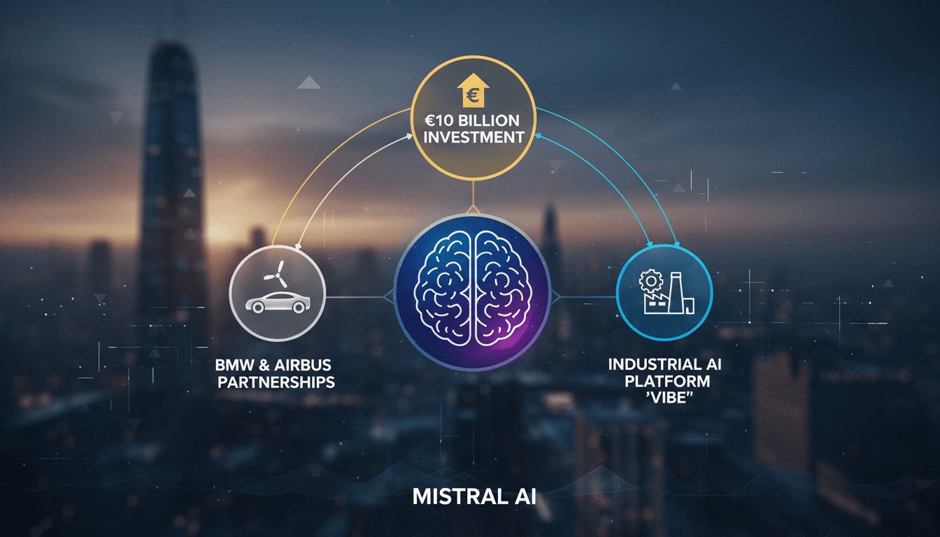 Infographic detailing Mistral AI's €10 billion investment and partnerships with BMW and Airbus.