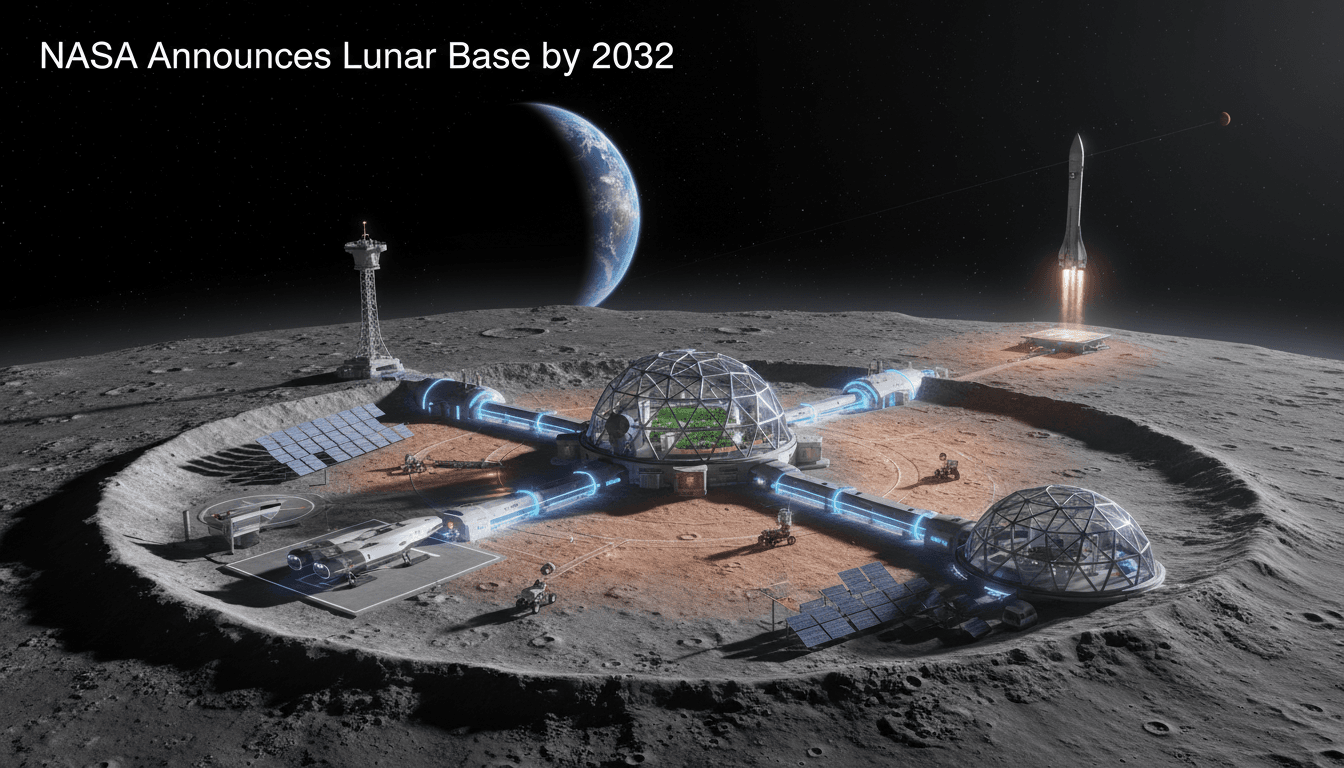 Conceptual image of NASA's planned lunar base and exploration vehicles.