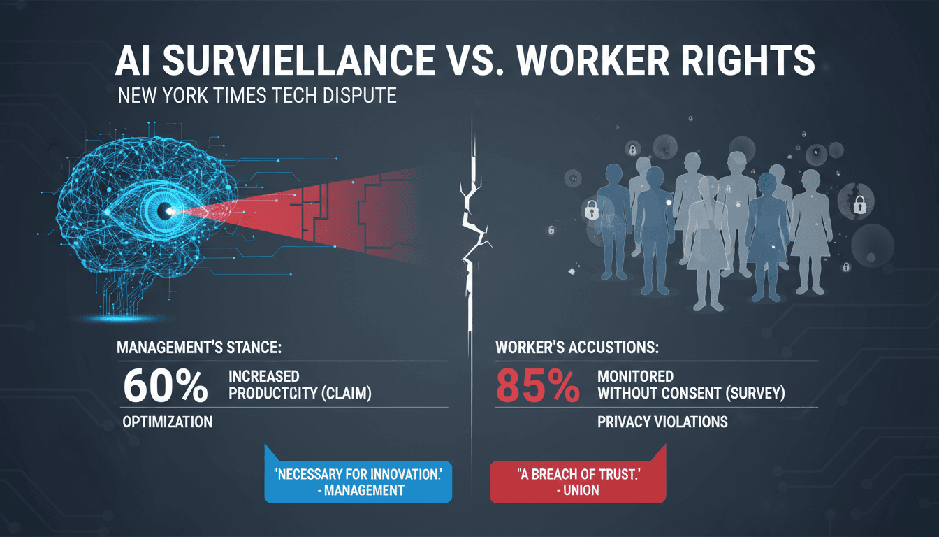Unionized tech workers at The New York Times protesting against AI surveillance practices.
