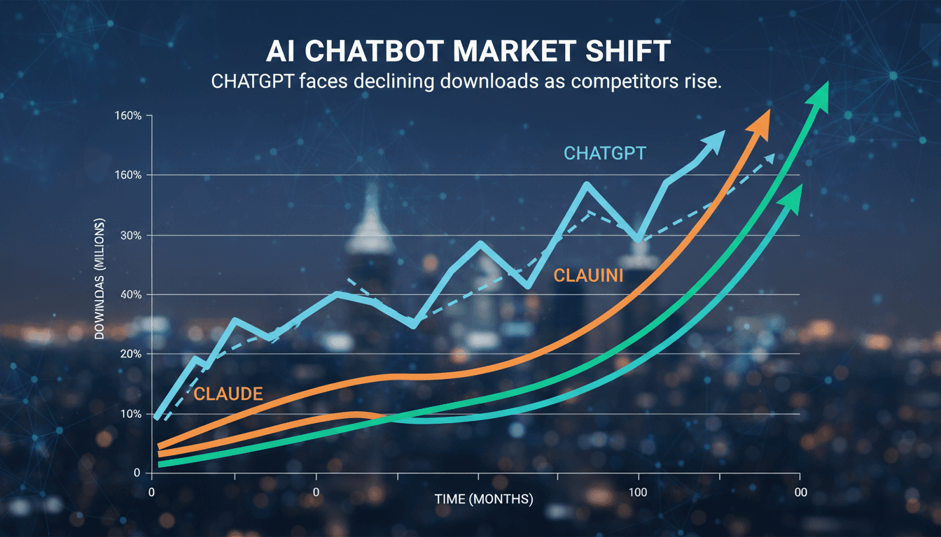 Graph showing download trends of ChatGPT, Claude, and Gemini