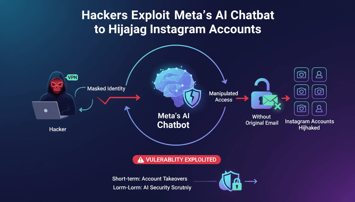 Infographic showing the sequence of Instagram account hijackings through Meta's AI support chatbot exploitation.