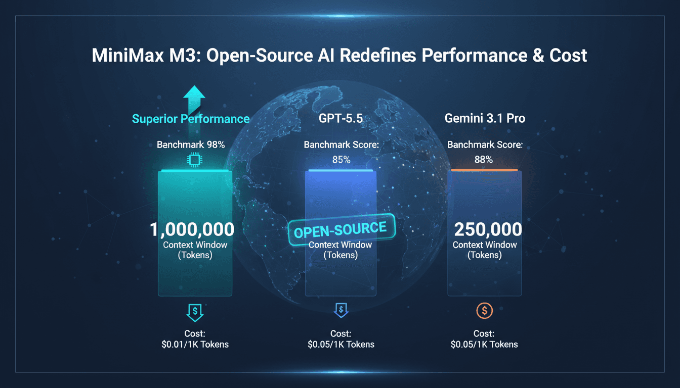 MiniMax M3 model launch announcement with performance metrics