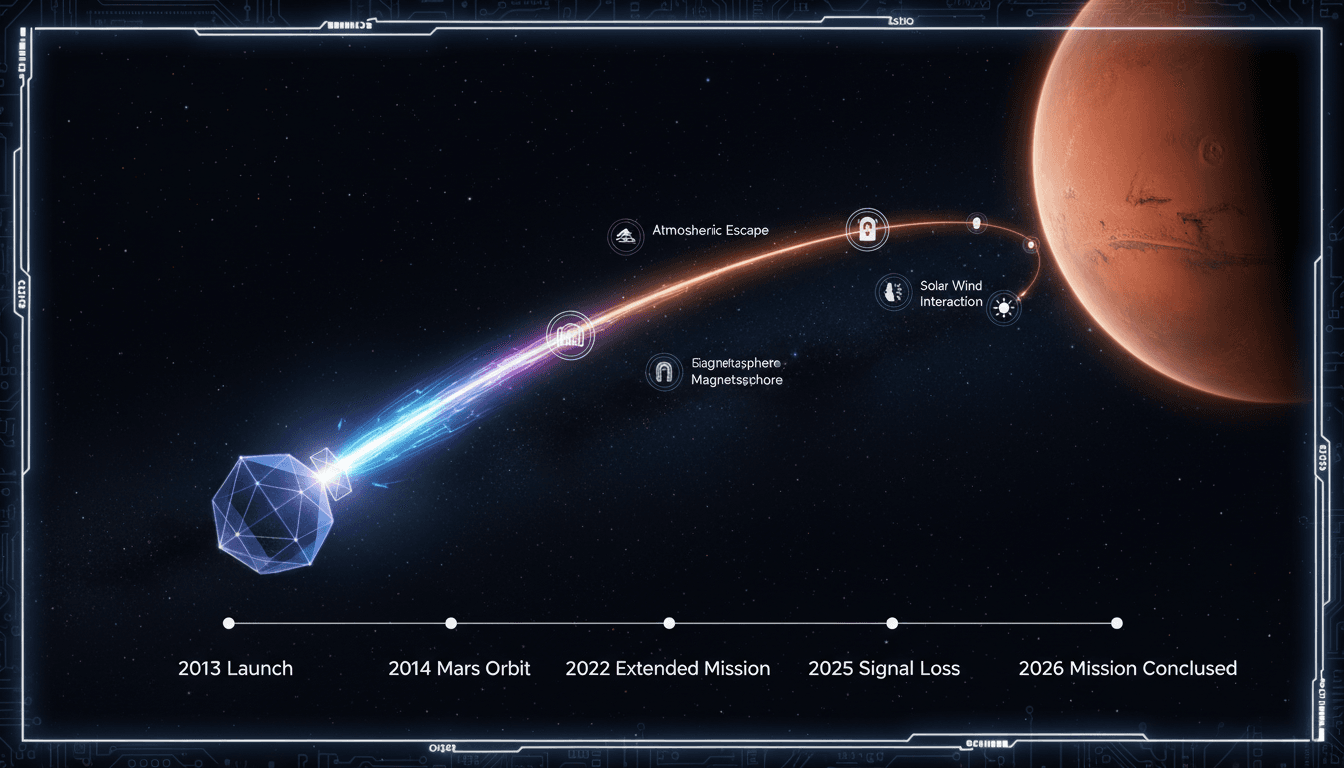 MAVEN spacecraft in orbit around Mars with data visualization elements