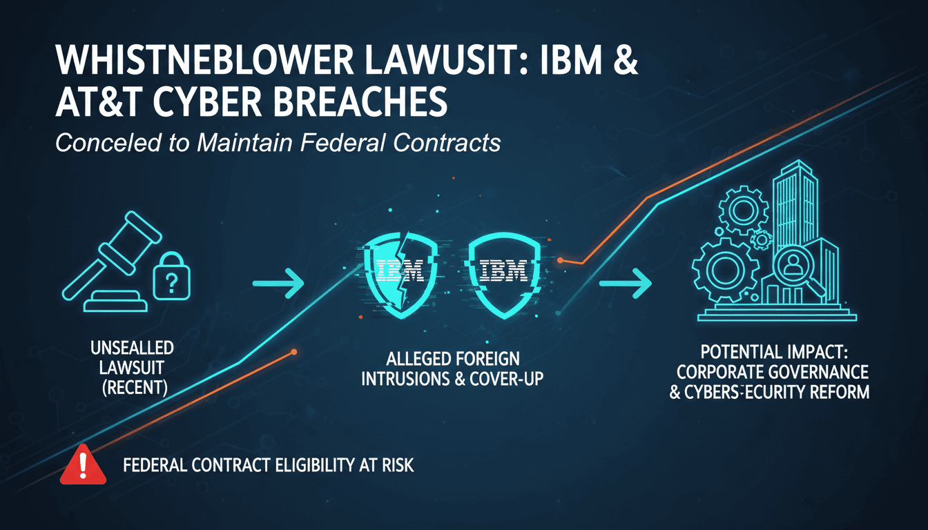 Illustration of a whistleblower lawsuit against IBM and AT&T regarding cybersecurity breaches.