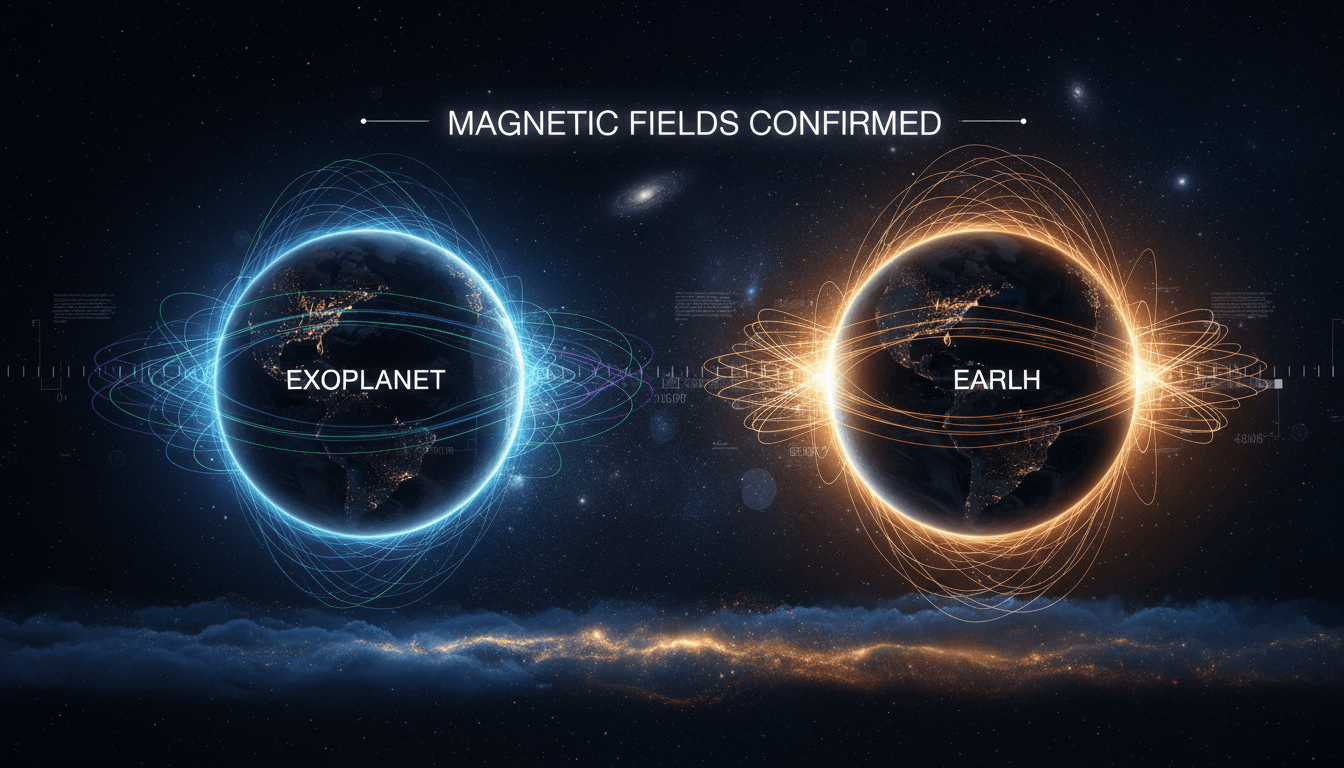 Illustration of exoplanets with magnetic fields compared to Earth.