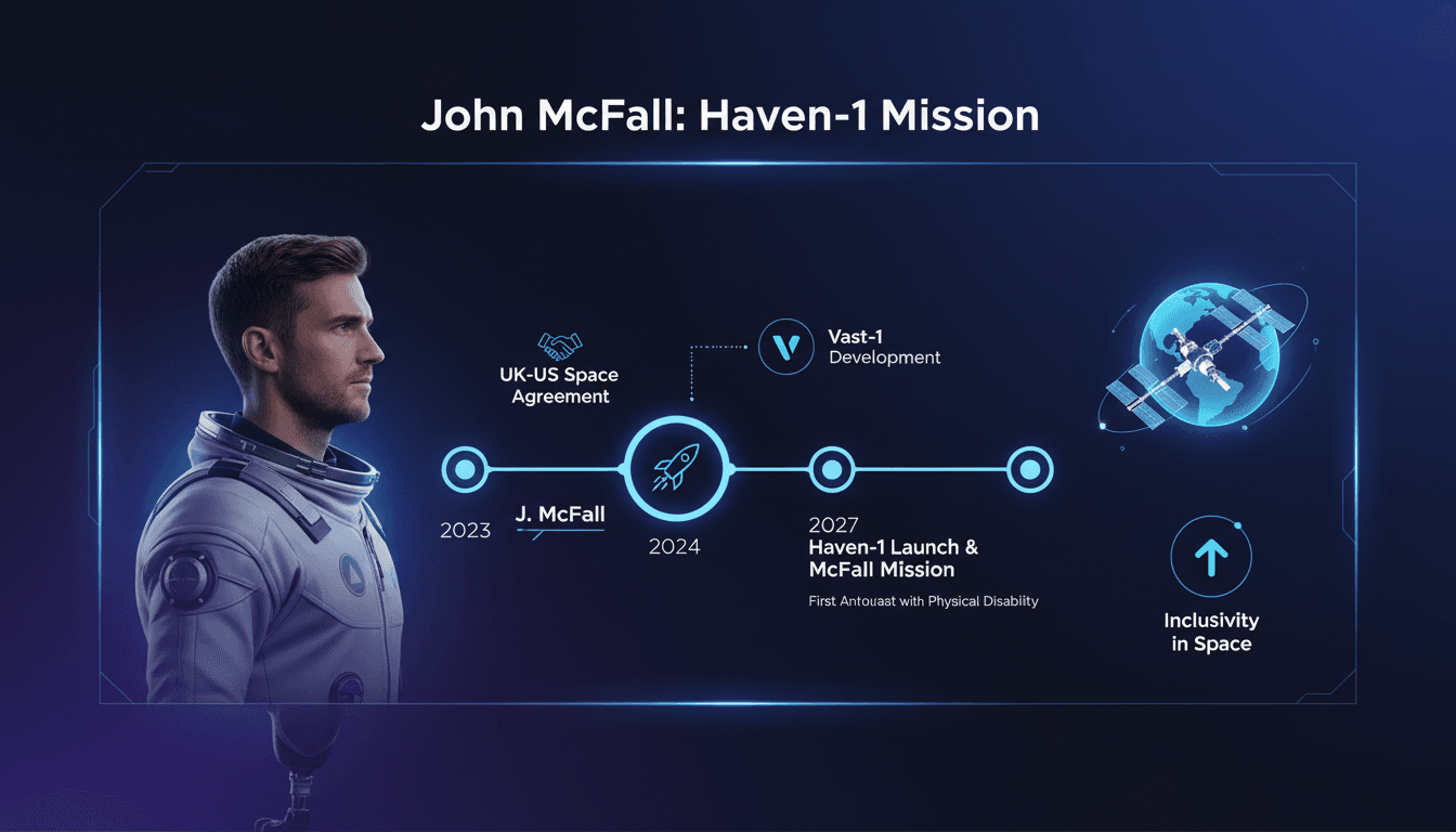 John McFall preparing for his mission to the Haven-1 space station as the first astronaut with a physical disability.