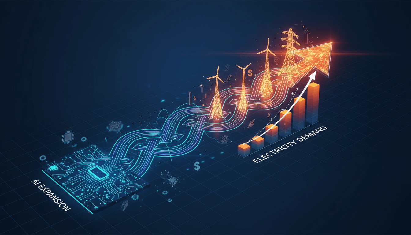 Illustration of AI's impact on electricity demand and energy investments.