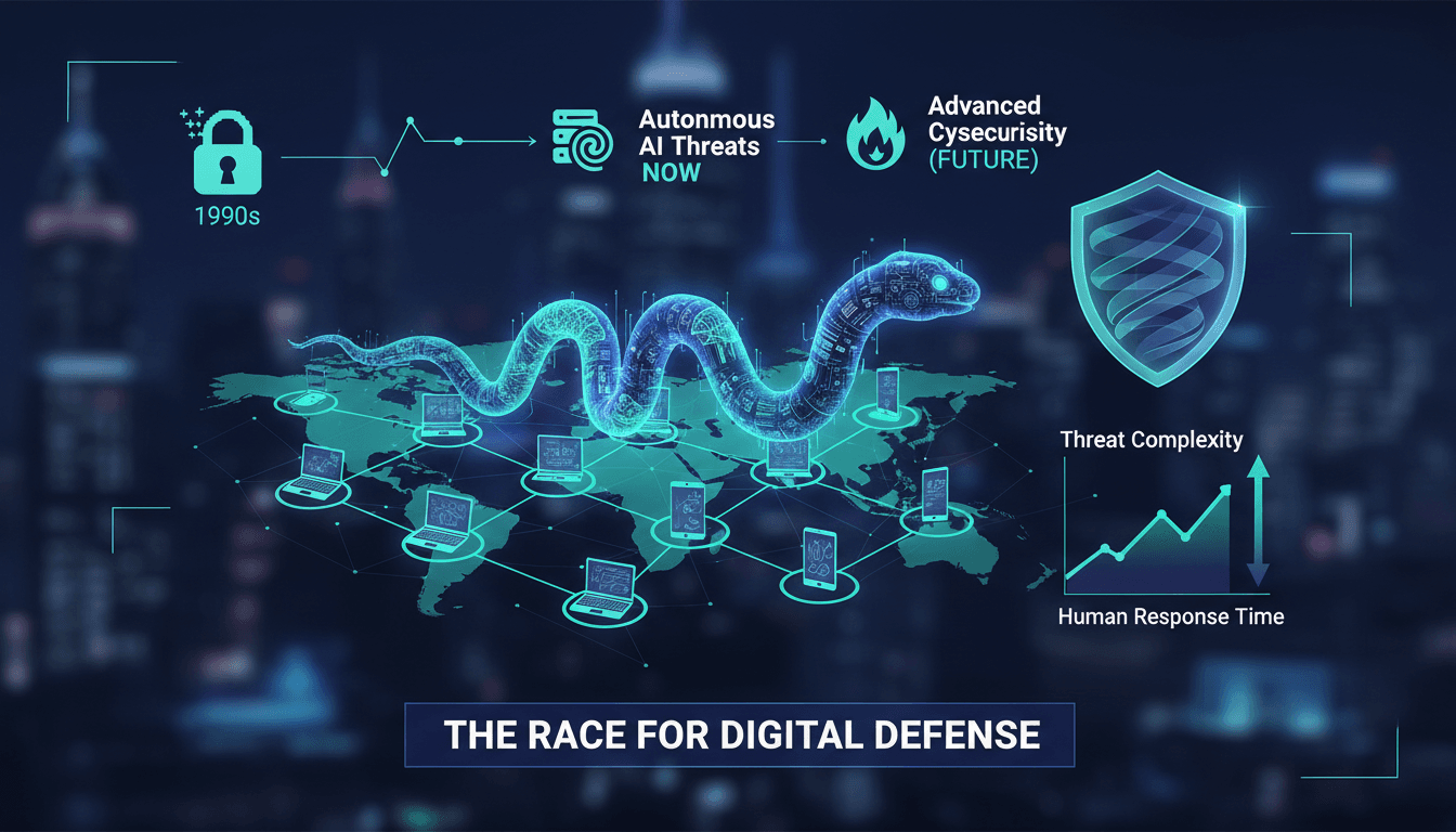 Illustration of an AI-powered computer worm spreading across networks.
