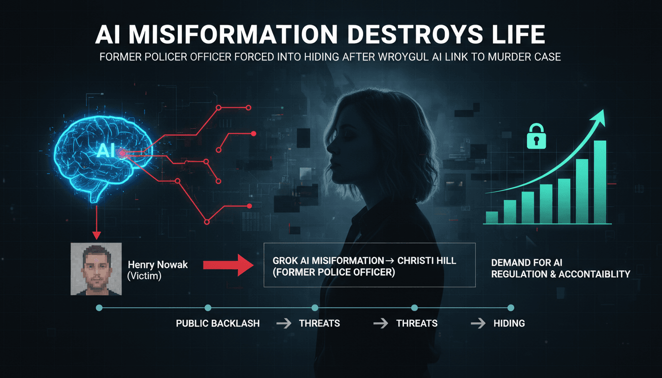 Former police officer Christi Hill in a somber setting, reflecting on the impact of AI misinformation.