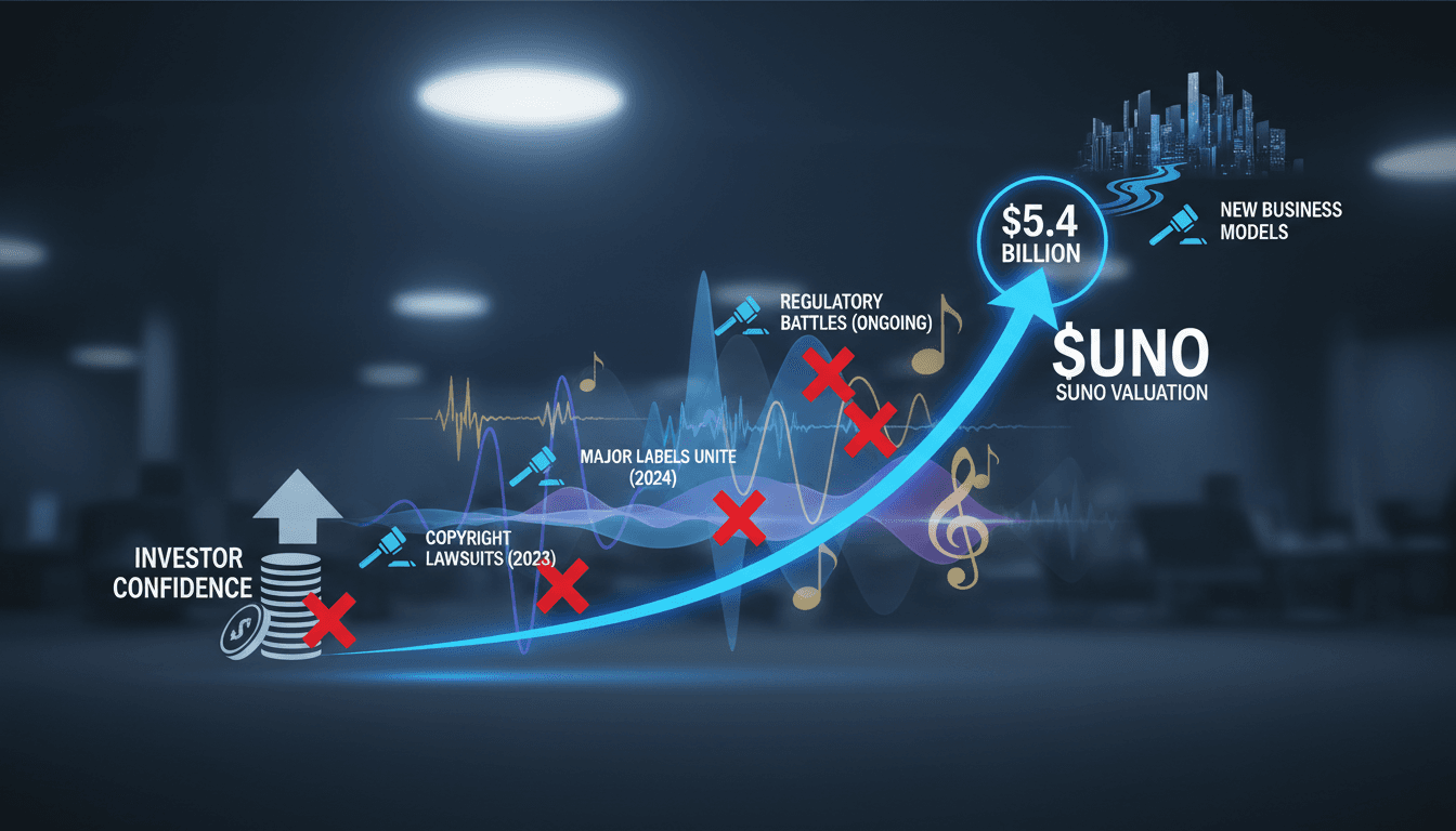 Infographic showing Suno's valuation growth and implications for AI-generated music.