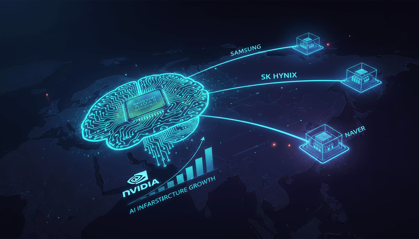Nvidia logo with South Korean tech firms' logos in the background