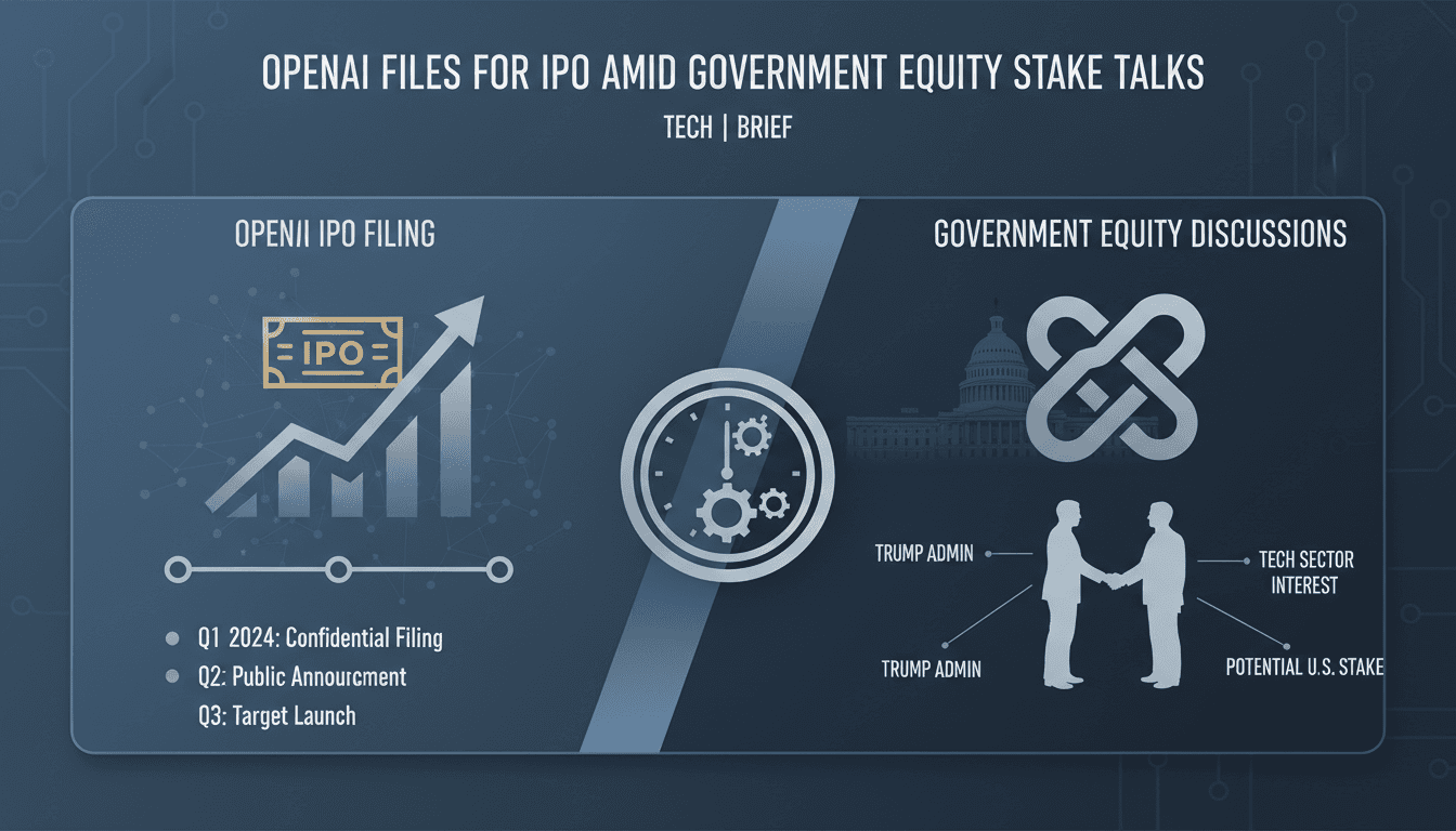 OpenAI logo with financial graphs representing IPO and government discussions.