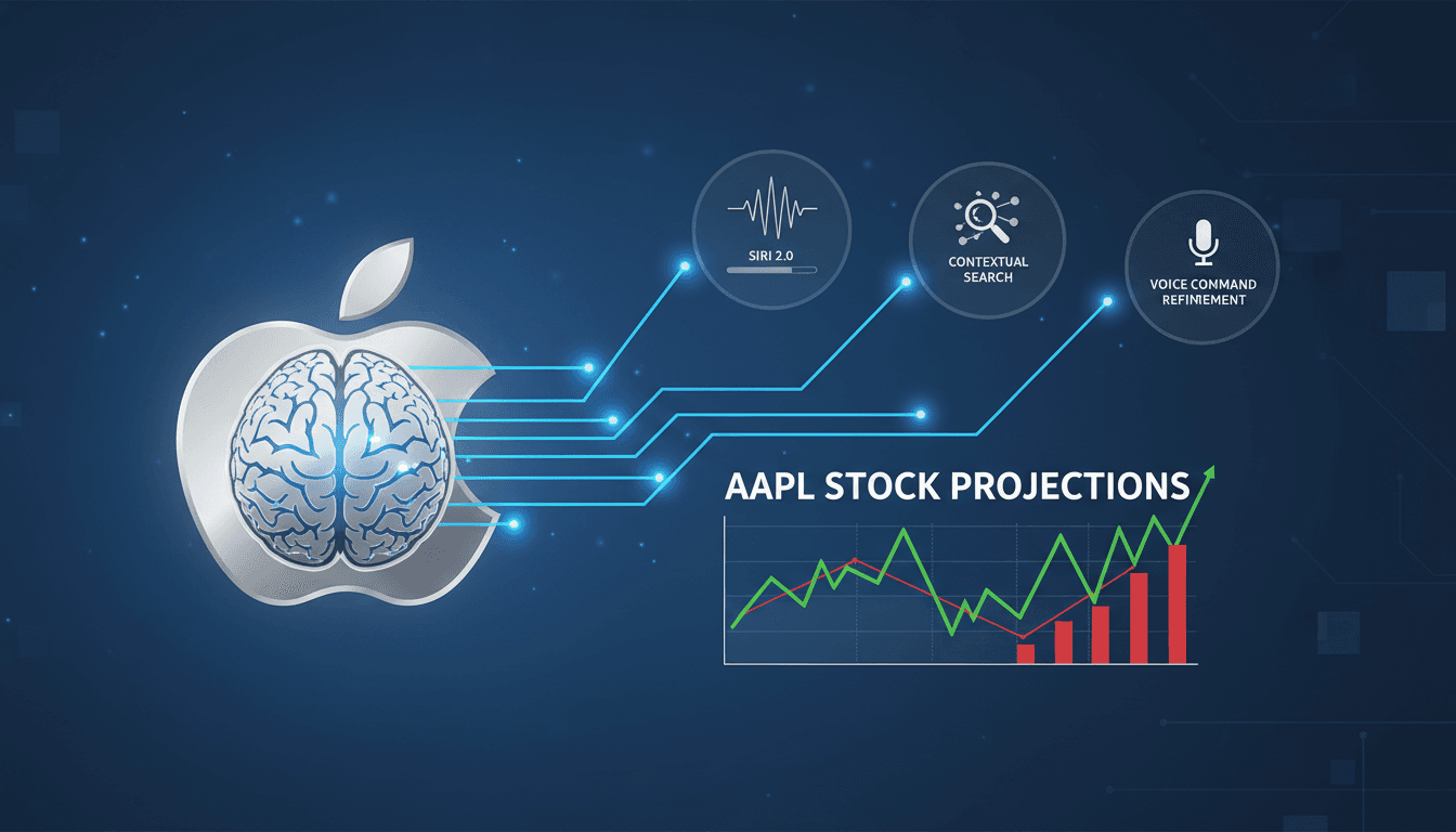 A graphic illustrating Apple's new AI platform features and projected stock valuation range.