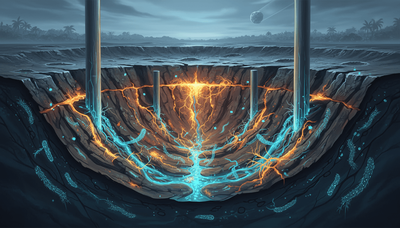 Illustration of the underground hydrothermal ecosystem formed by the Chicxulub asteroid impact.