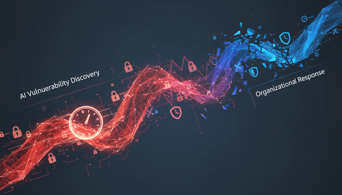 Illustration of AI technology accelerating cybersecurity vulnerability discovery.