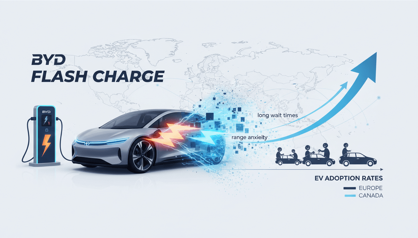 BYD's new 5-minute EV charger technology showcased in an urban setting.