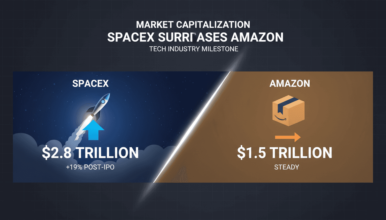 SpaceX logo with a backdrop of a rocket launch and stock market graphs.