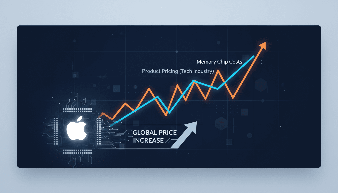 Apple logo with a backdrop of memory chips and rising prices