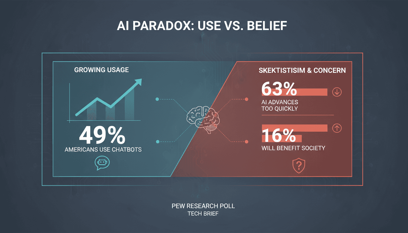 Infographic showing chatbot usage statistics and public skepticism towards AI benefits.