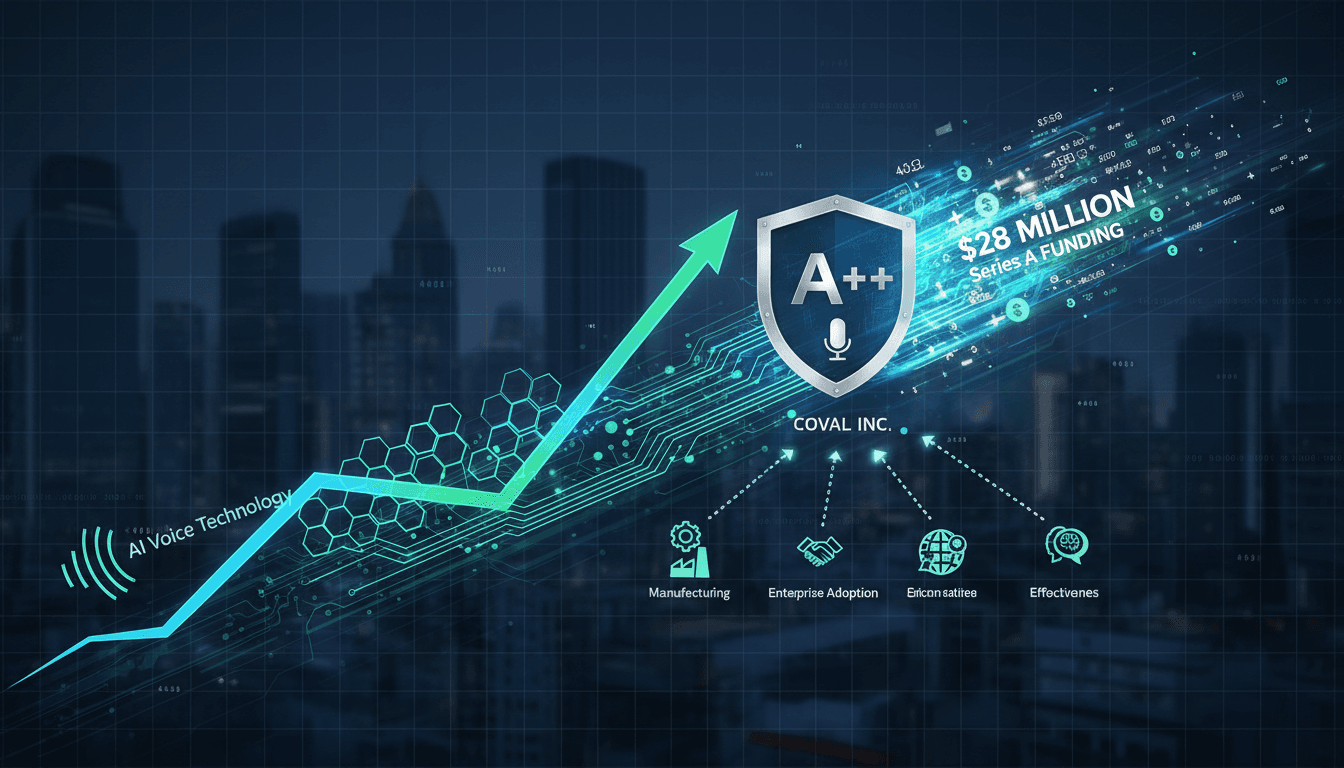 Coval Inc. logo with a backdrop of AI voice technology graphics