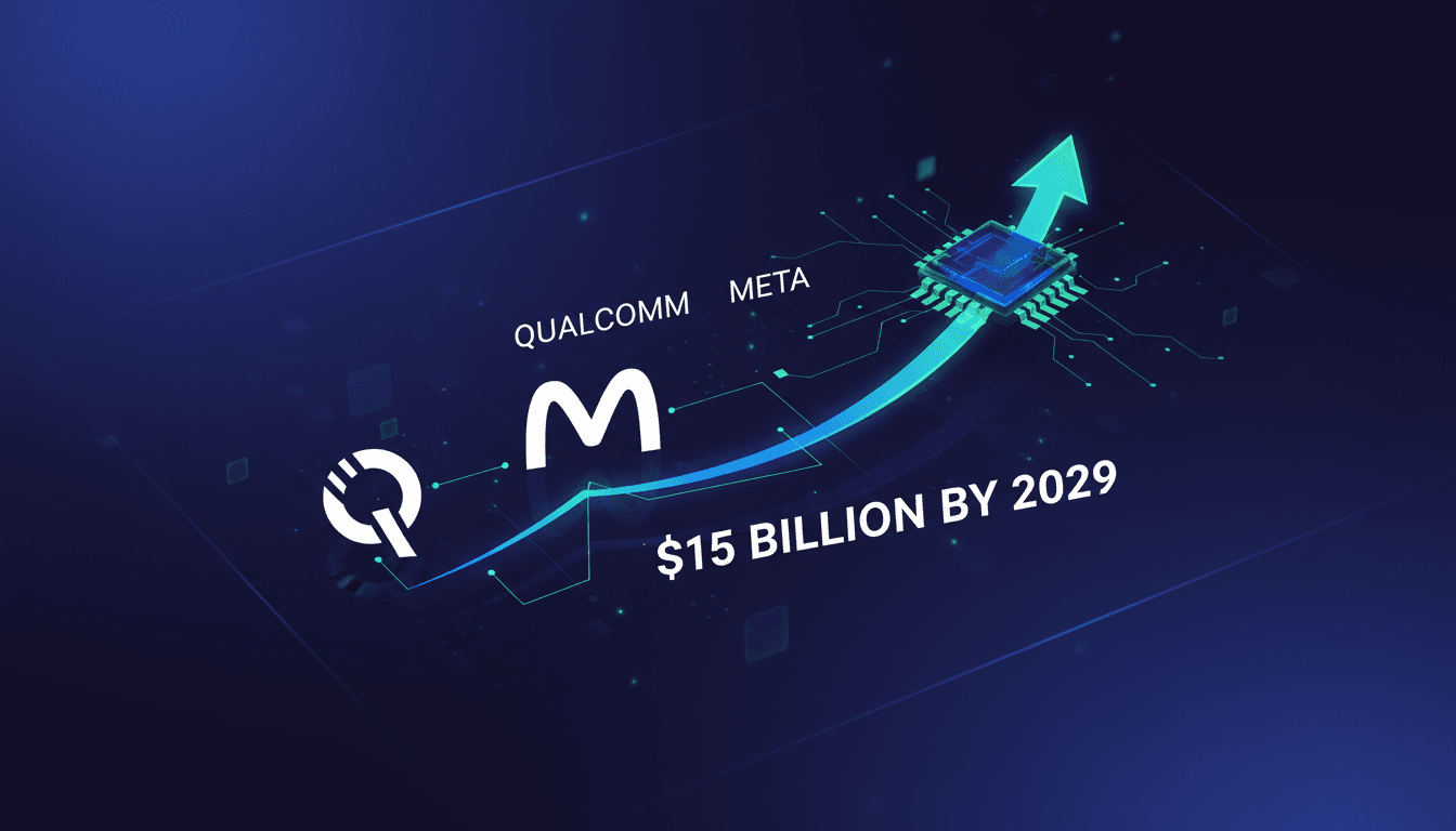 Qualcomm logo with a backdrop of data center technology