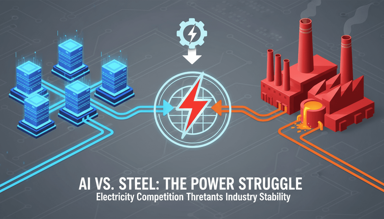 Infographic showing the competition for electricity between AI data centers and the steel industry.