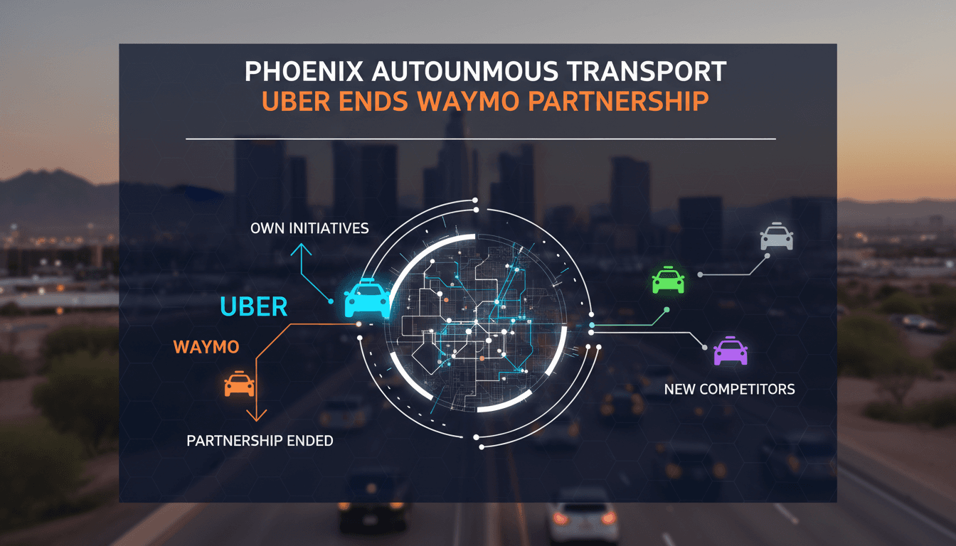 Uber and Waymo logos with a backdrop of Phoenix skyline