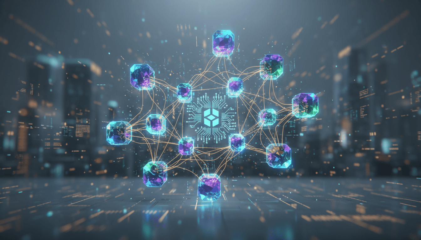 Illustration of autonomous agents interacting in an AI marketplace.