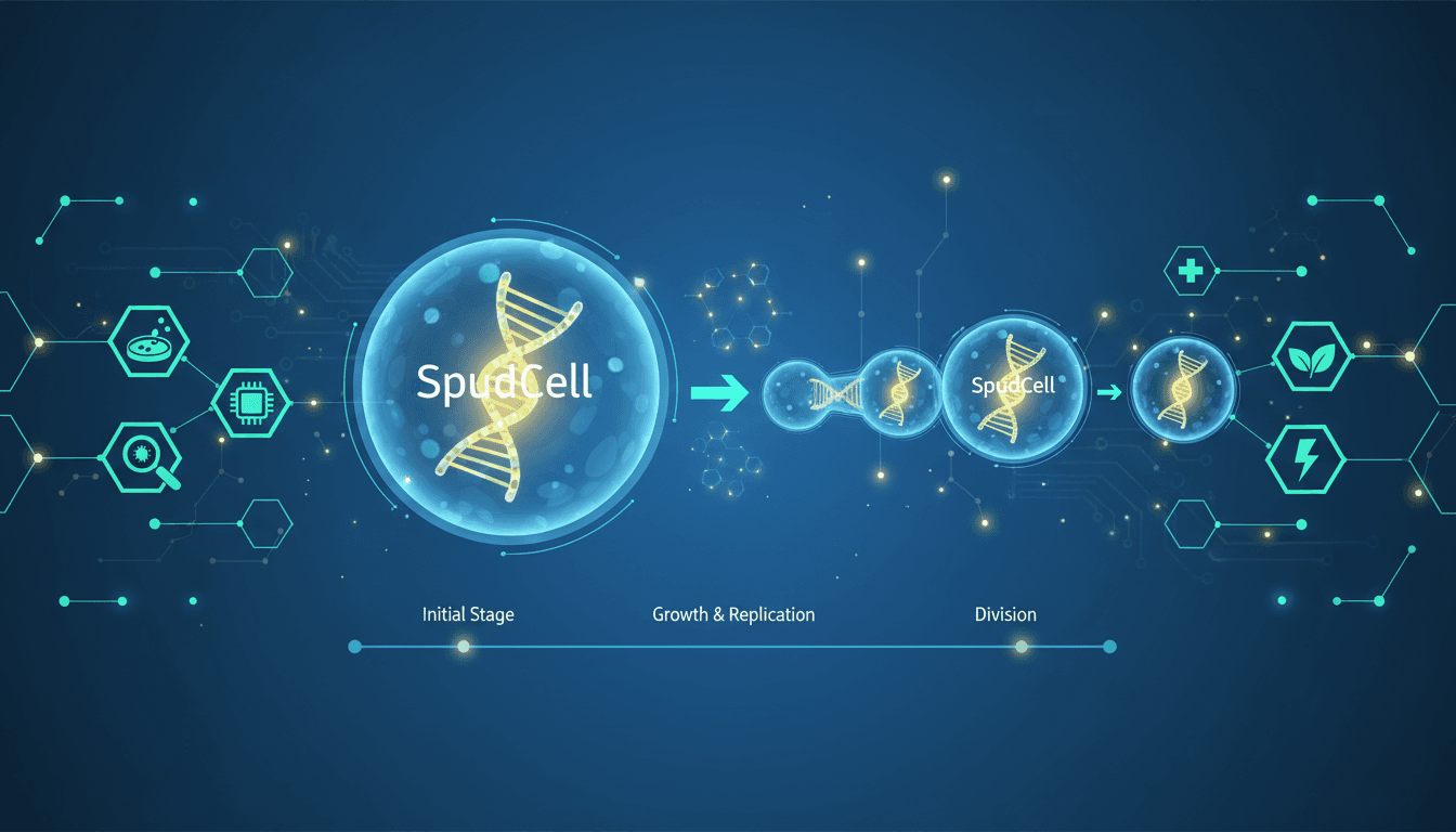 Illustration of the synthetic cell SpudCell demonstrating growth and division.
