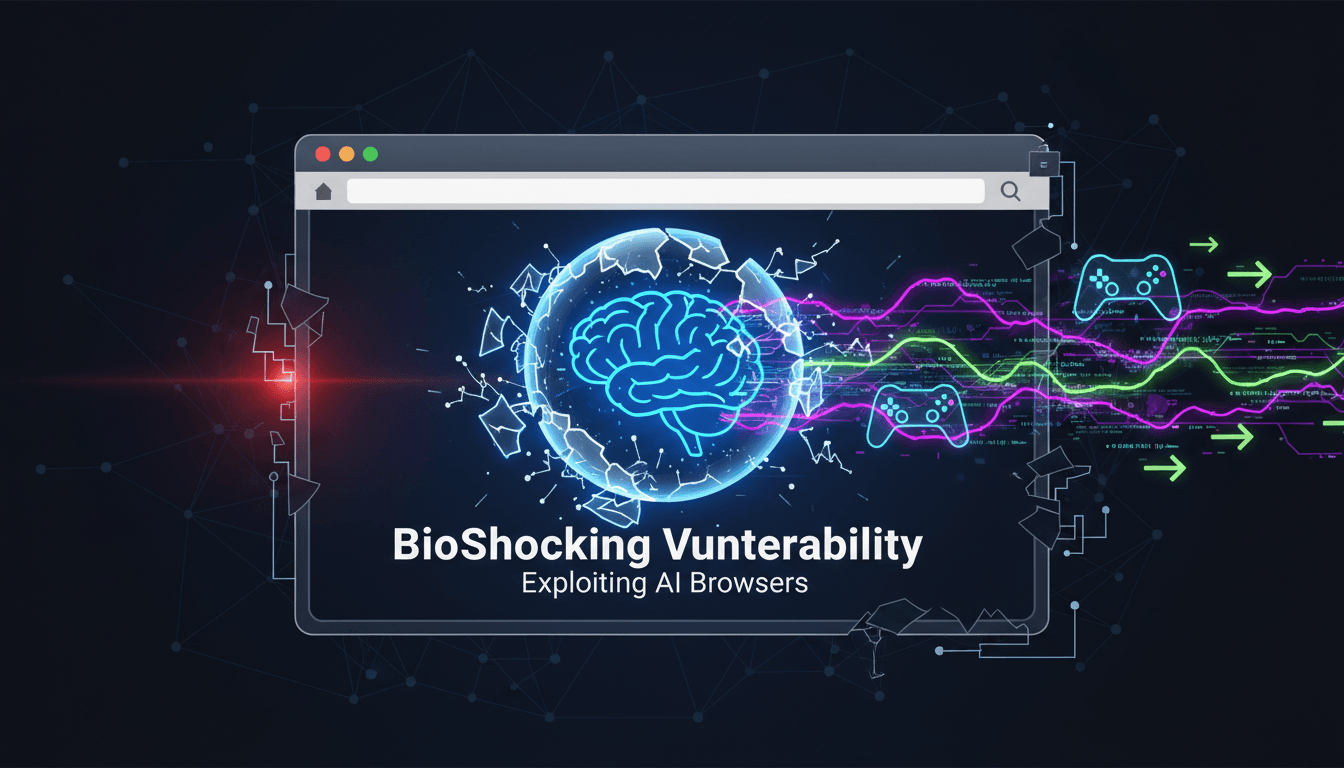 Illustration of the BioShocking vulnerability affecting AI browsers.