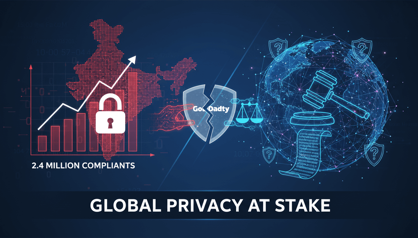 GoDaddy logo with a backdrop of digital security symbols