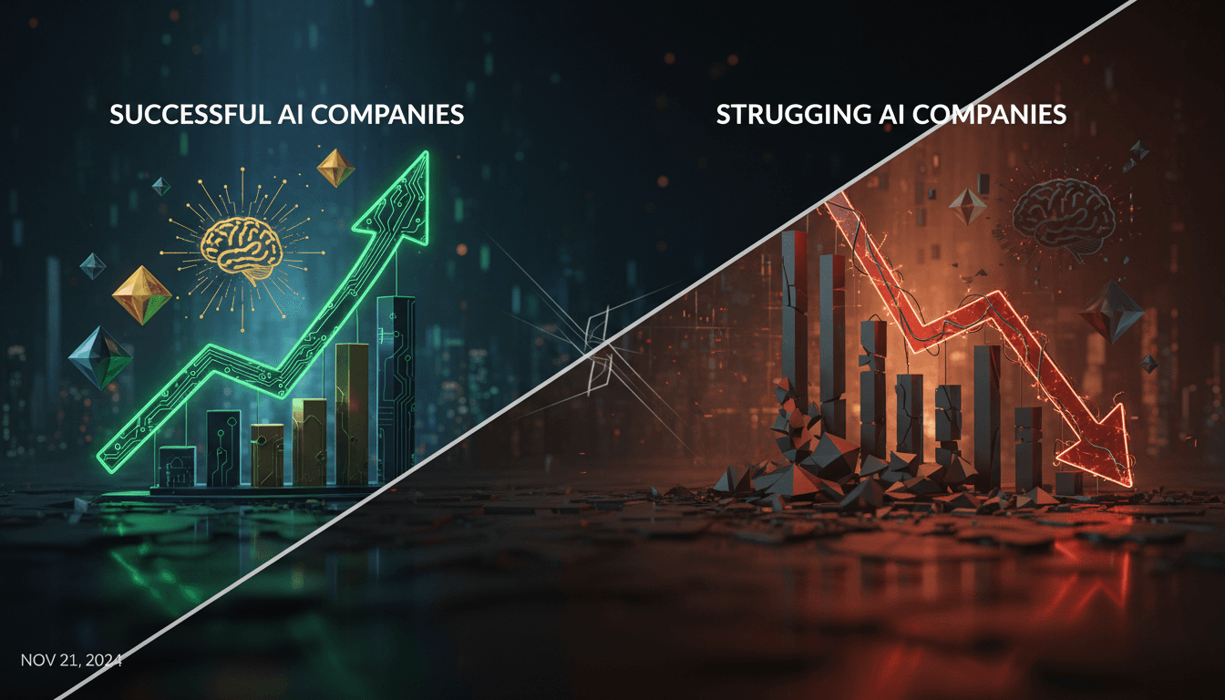 Illustration of market volatility in the AI sector with fluctuating stock indexes.