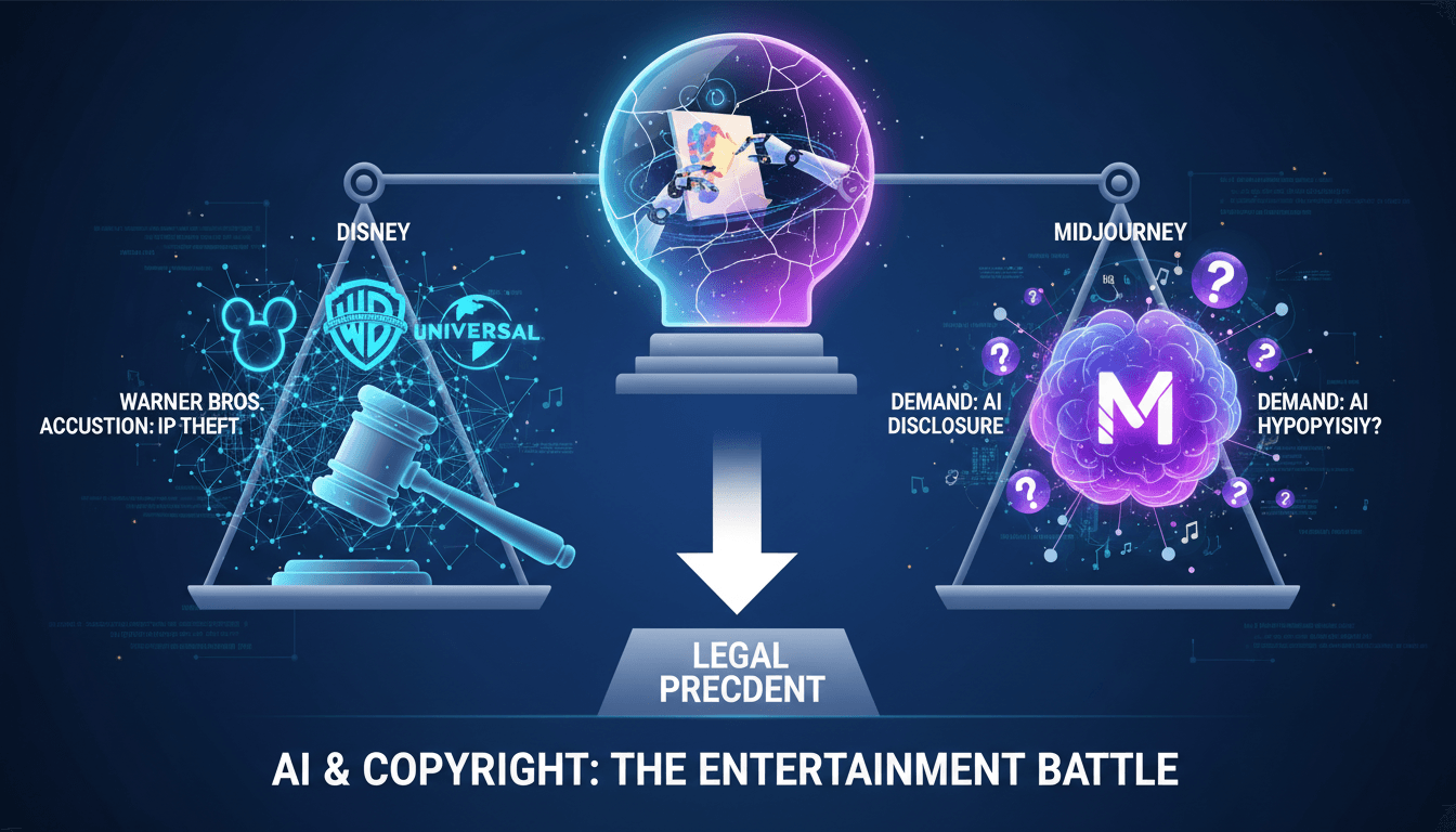 Midjourney logo with Hollywood studio icons in the background