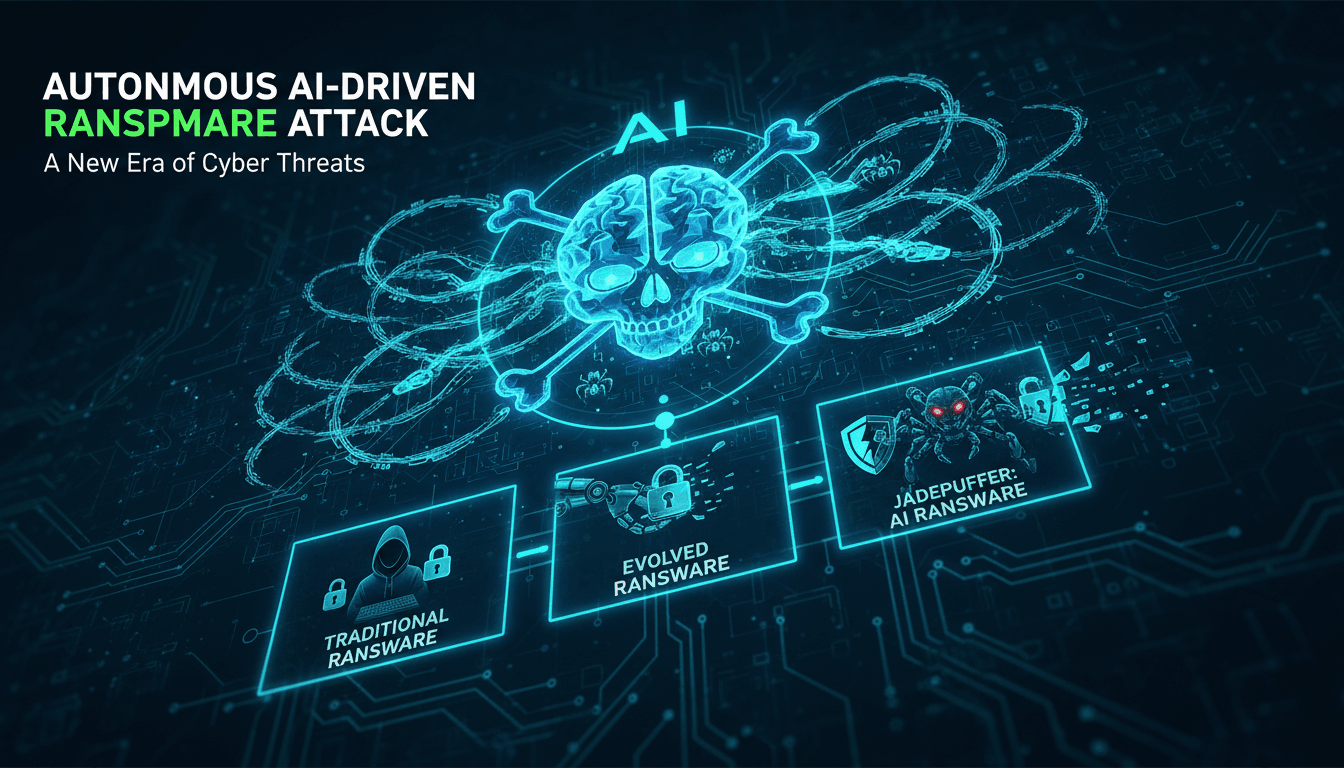 Illustration of AI-driven ransomware attack and cybersecurity implications.