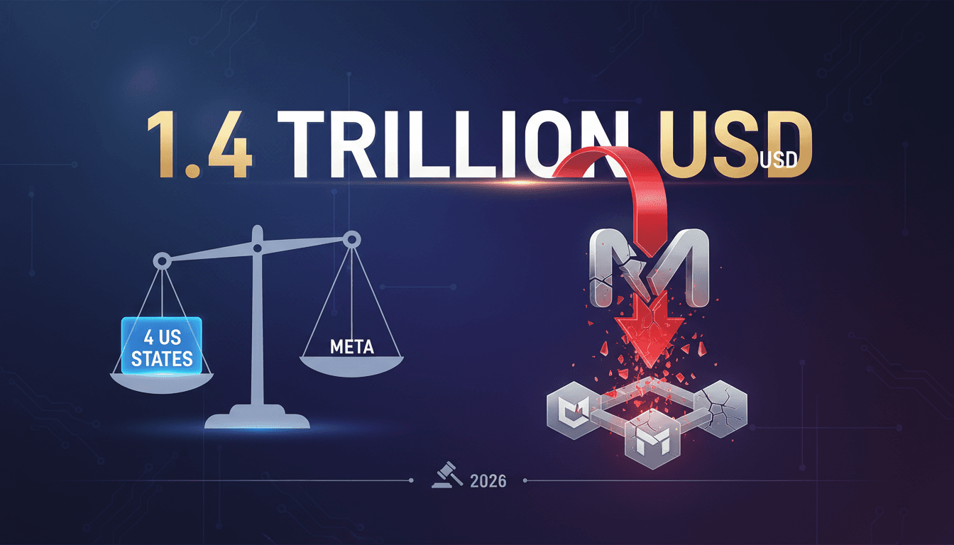 Illustration of Meta's social media platforms with legal symbols.