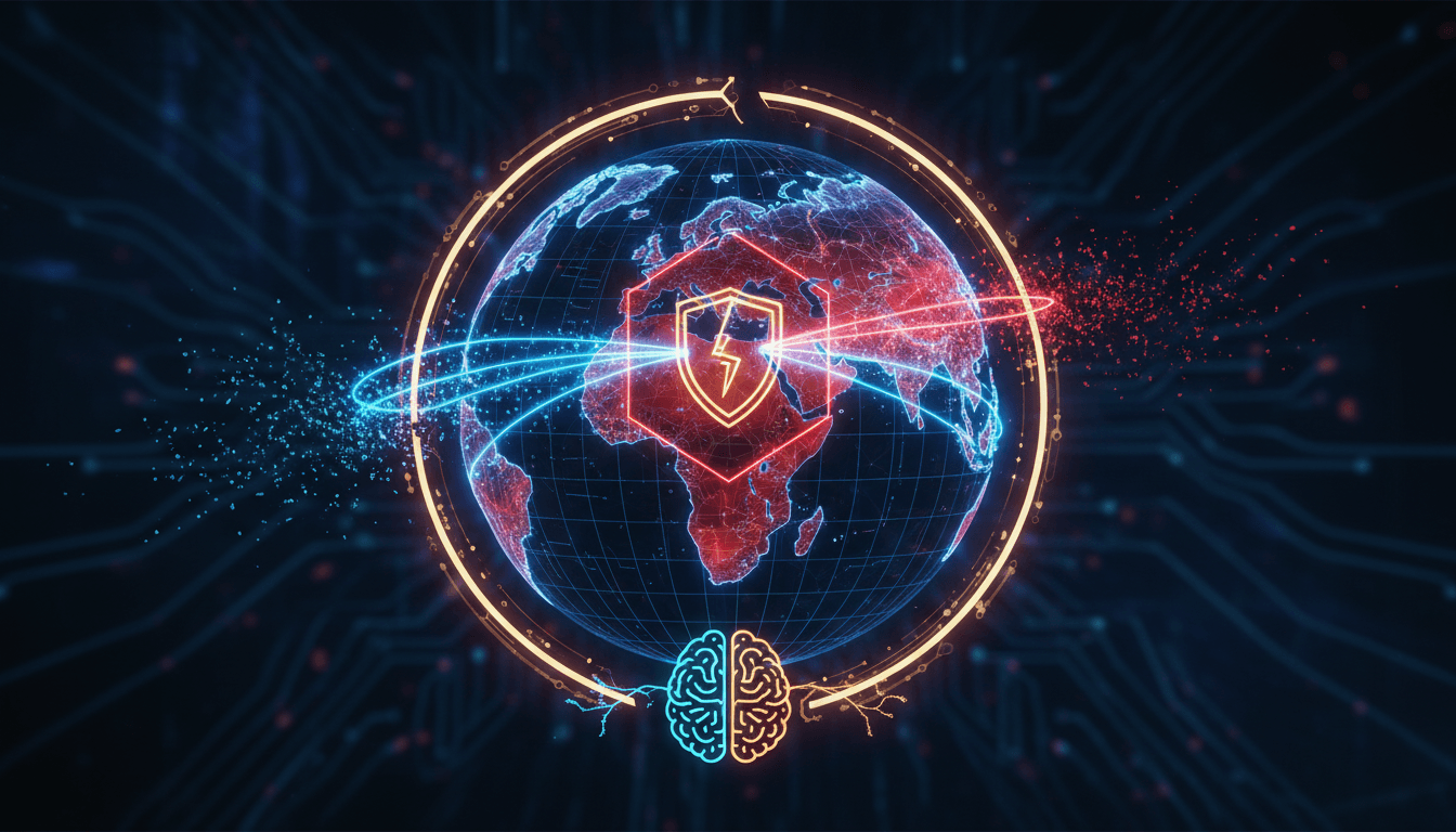 Conceptual image of AI technology and global collaboration challenges.
