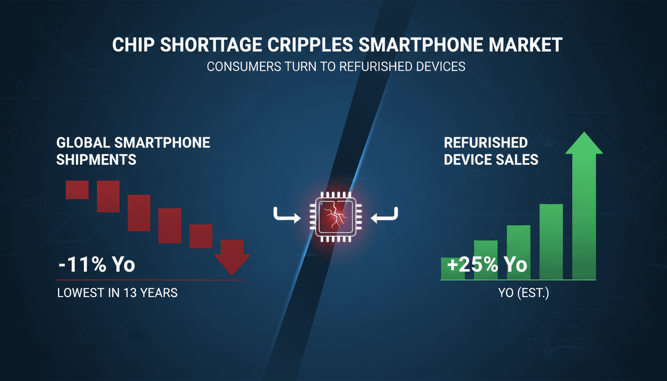 Graph showing decline in smartphone shipments and rise in refurbished device sales.