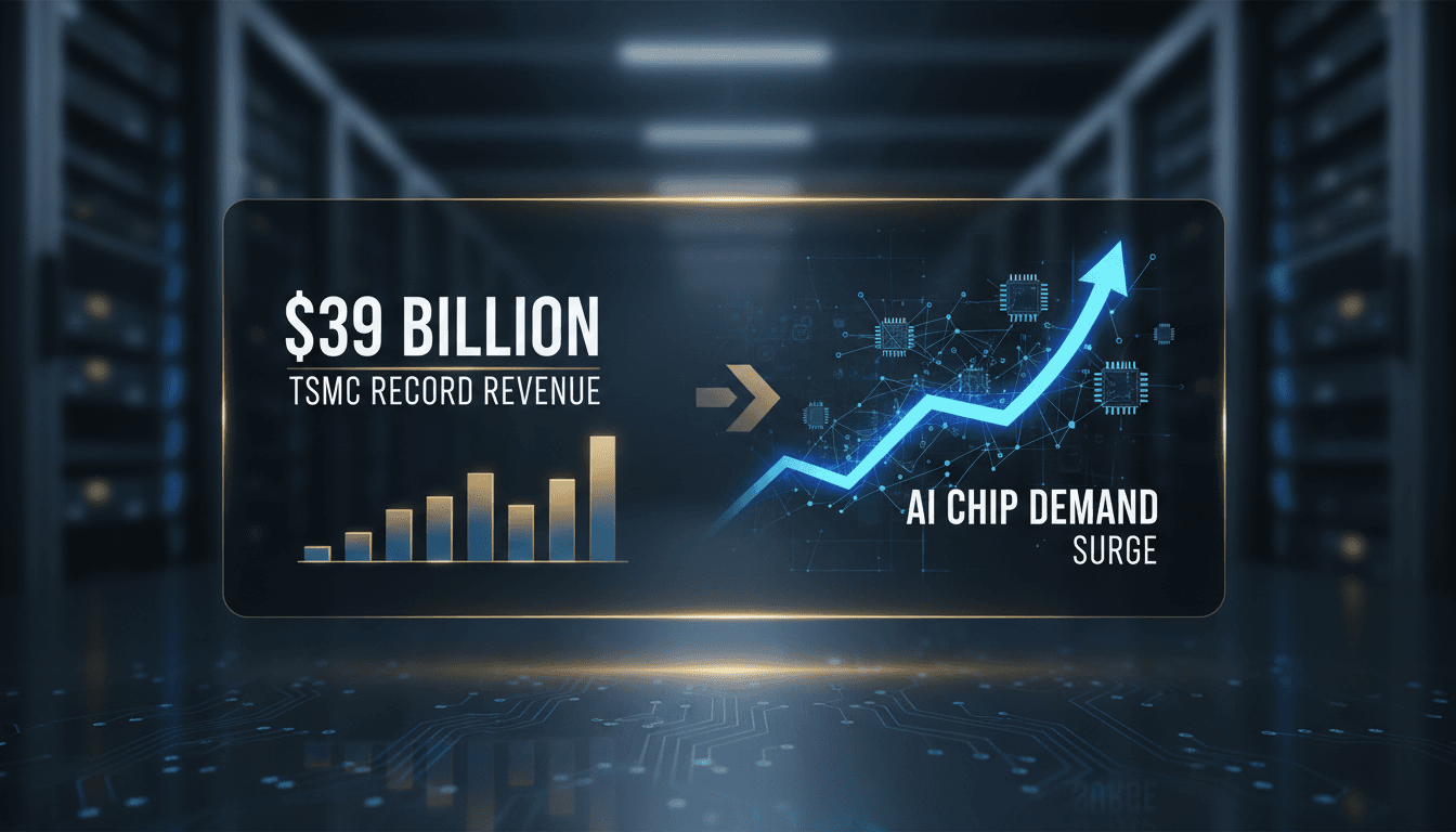 TSMC logo with a backdrop of semiconductor chips and AI technology.