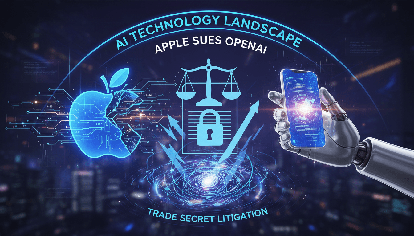 Apple and OpenAI logos with a gavel symbolizing legal action.