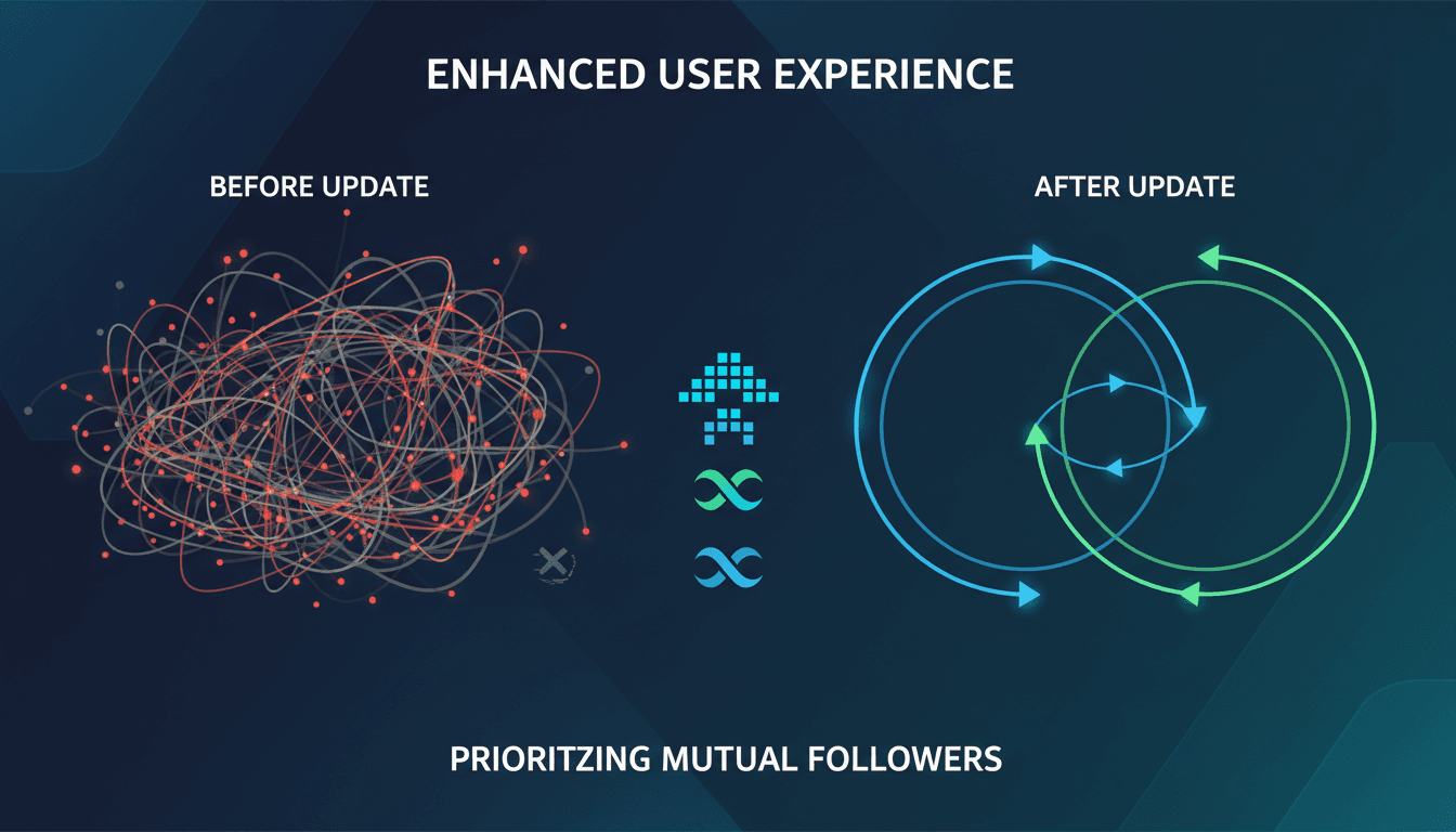 Illustration of X's algorithm update focusing on mutual followers.