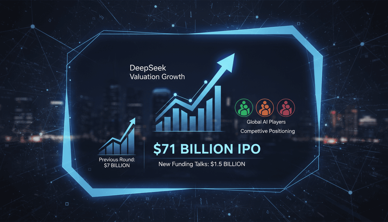 DeepSeek logo with a backdrop of AI technology graphics