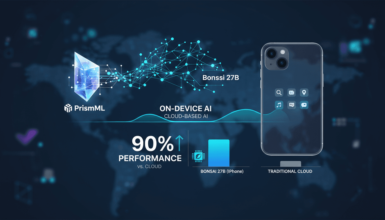 PrismML's Bonsai 27B AI model showcased on an iPhone.