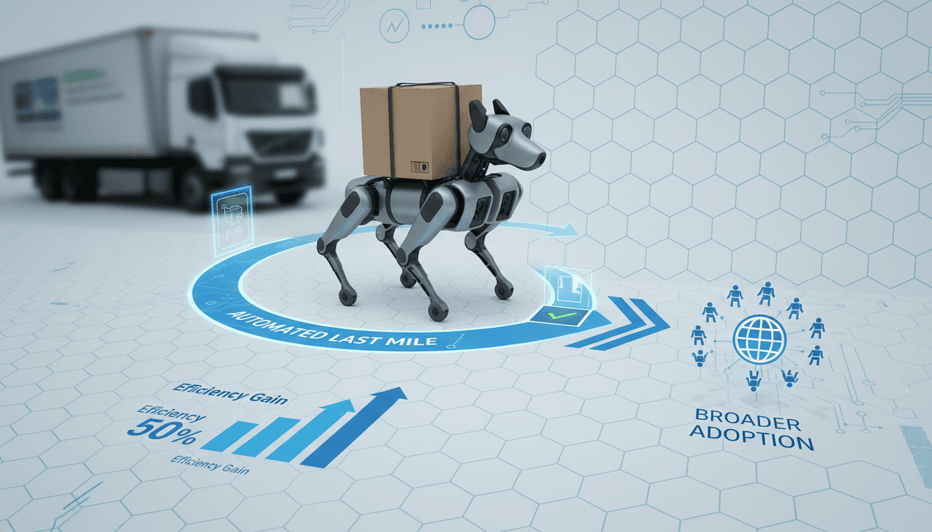 Boston Dynamics Spot robot dog delivering packages to a doorstep.