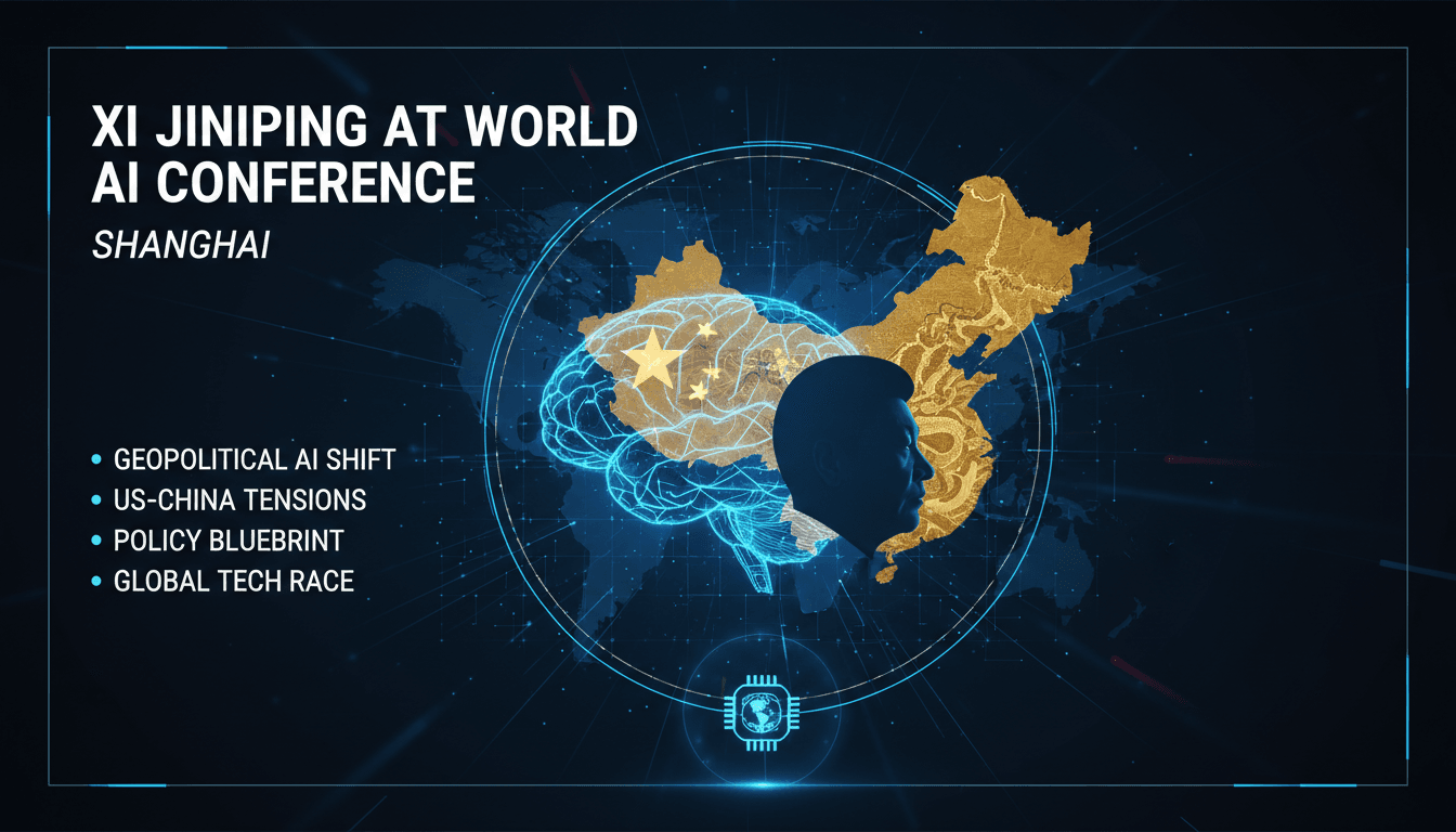 Xi Jinping delivering a keynote speech at the World AI Conference in Shanghai.