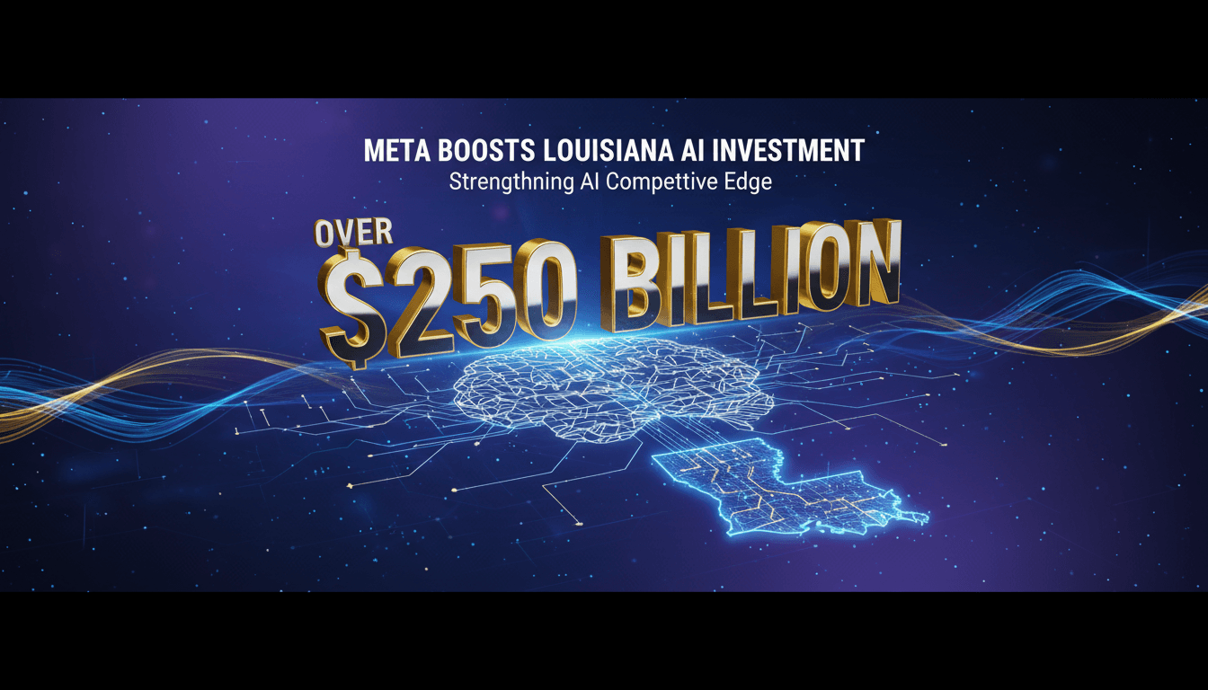 Meta Platforms Inc. logo with a backdrop of a data center.