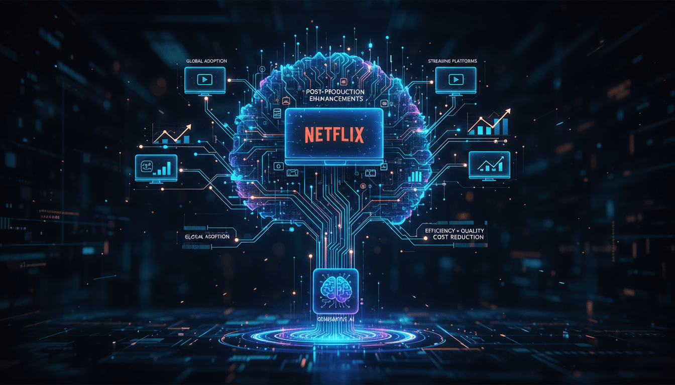 Netflix logo with a backdrop of AI-generated visuals in film production