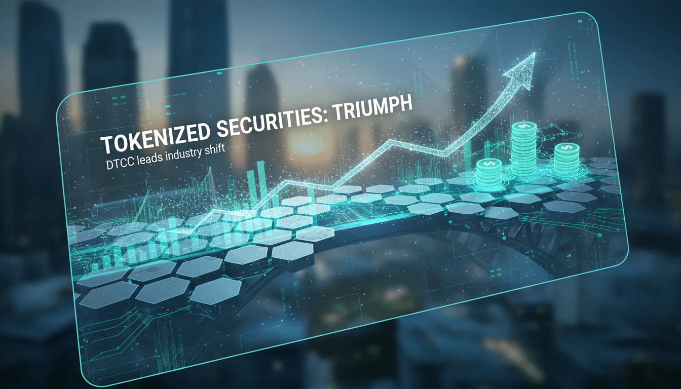 DTCC logo with a digital representation of tokenized securities trading.